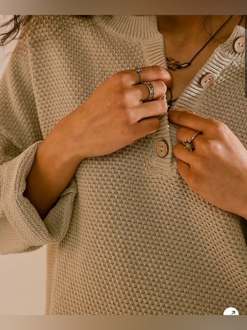 Free People Hailee Knit Cream Tan Waffle Knit Henley Sweater Set M - Picture 3 of 16